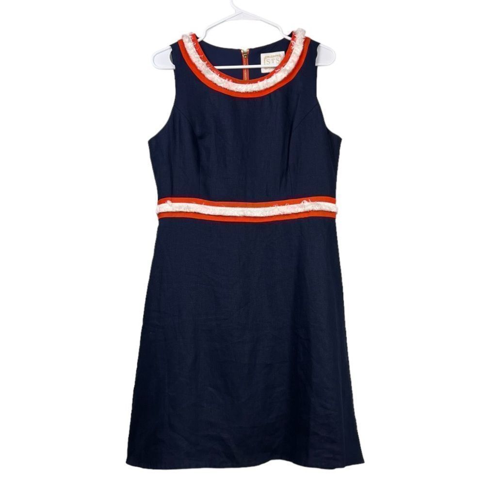 Sail to Sable Raw Trim Details Blue Red Linen Dress Size 10